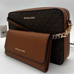 Michael Kors Large EW Crossbody Bag & Large Trifold Wallet Brown | BUNDLE SET